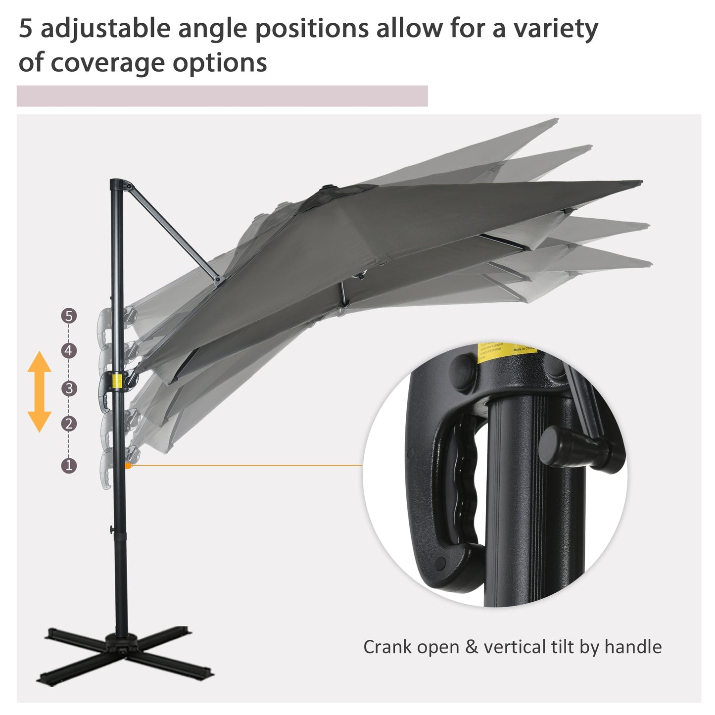 2.5 x 2.5m Patio Offset Parasol Umbrella Cantilever Hanging Aluminium Sun Shade Canopy Shelter 360° Rotation with Crank Handle and Cross Base