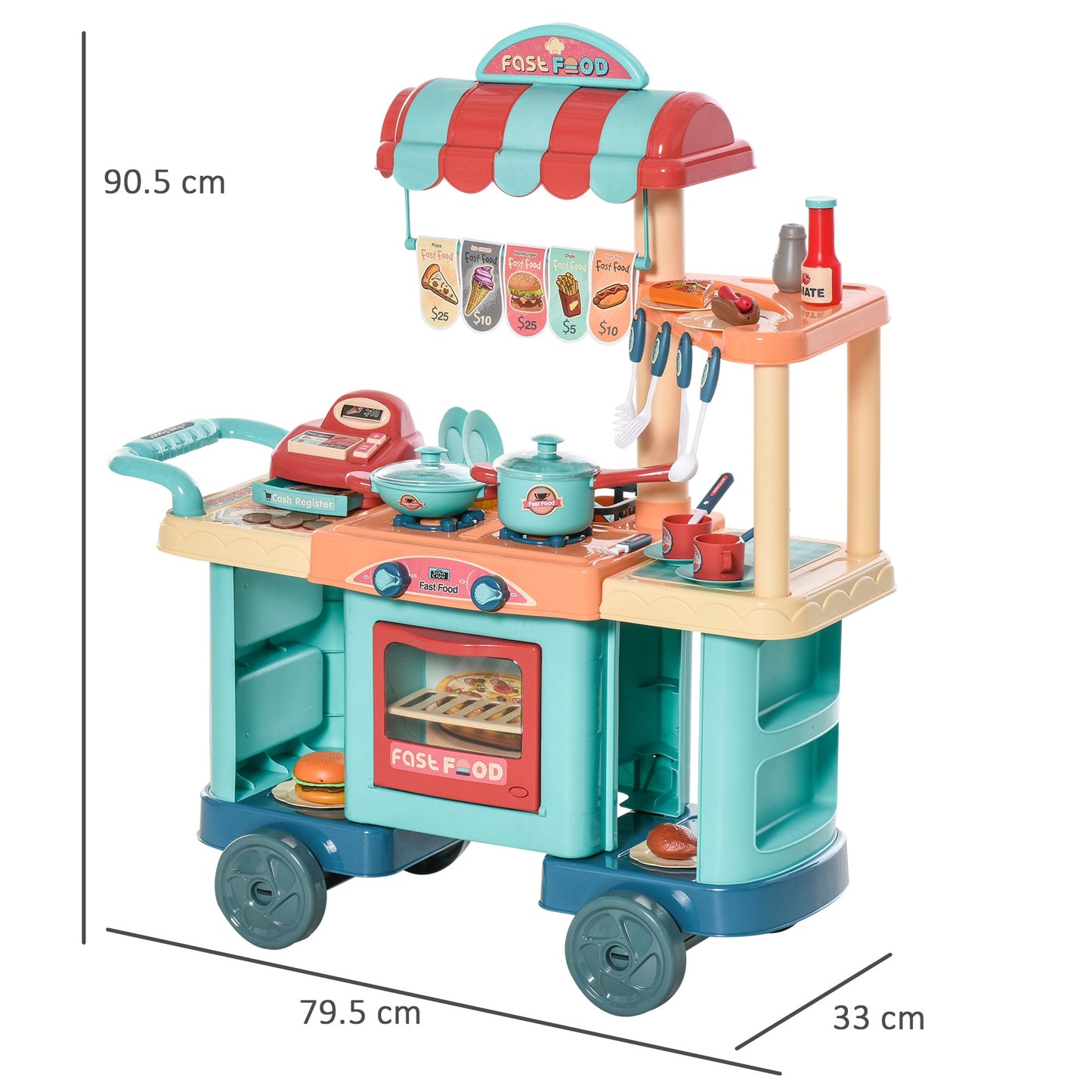 Kids Food Cart Pretend Playset Kitchen Supermarket Trolley Set w/ Accessories