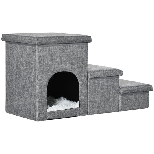 PawHut Dog Steps 3-step Pet Stairs with Kitten House and 2 Storage Boxes