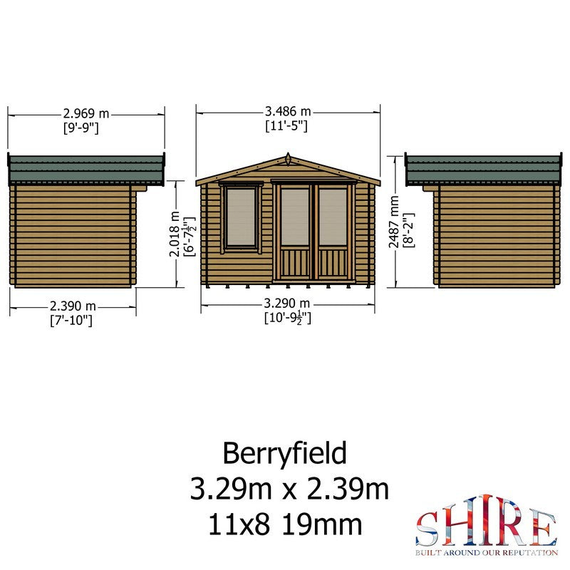 Shire Berryfield 11' 3" x 9' 11" Apex Log Cabin - Premium 19mm Cladding Log Clad