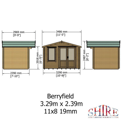 Shire Berryfield 11' 3" x 9' 11" Apex Log Cabin - Premium 19mm Cladding Log Clad