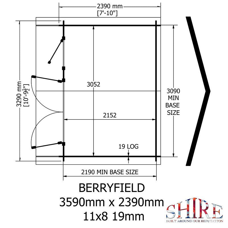 Shire Berryfield 11' 3" x 9' 11" Apex Log Cabin - Premium 19mm Cladding Log Clad