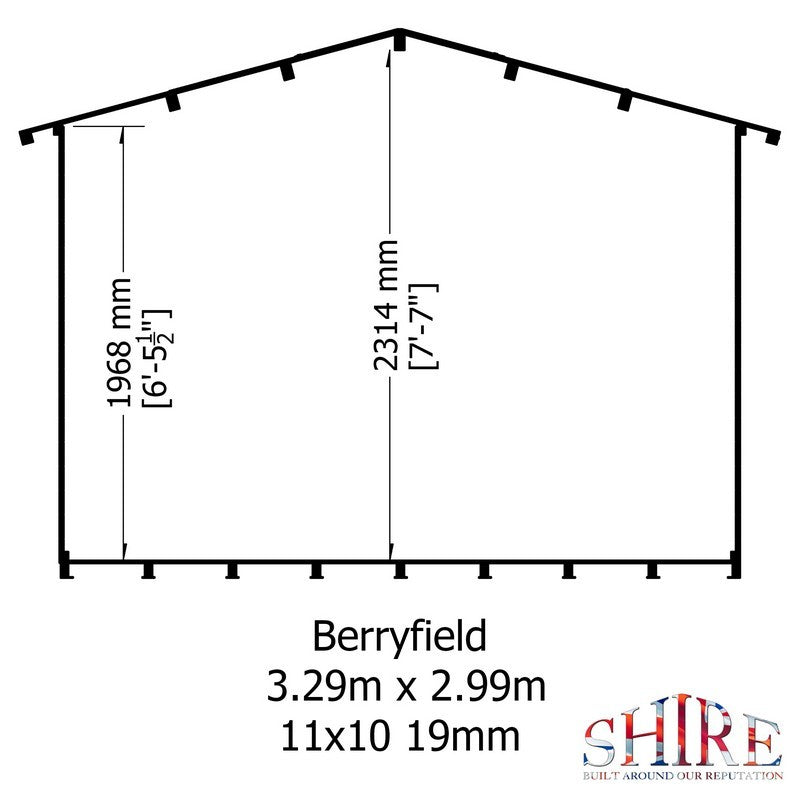 Shire Berryfield 11' 3" x 11' 10" Apex Log Cabin - Premium 19mm Cladding Log Clad