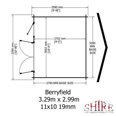 Shire Berryfield 11' 3" x 11' 10" Apex Log Cabin - Premium 19mm Cladding Log Clad