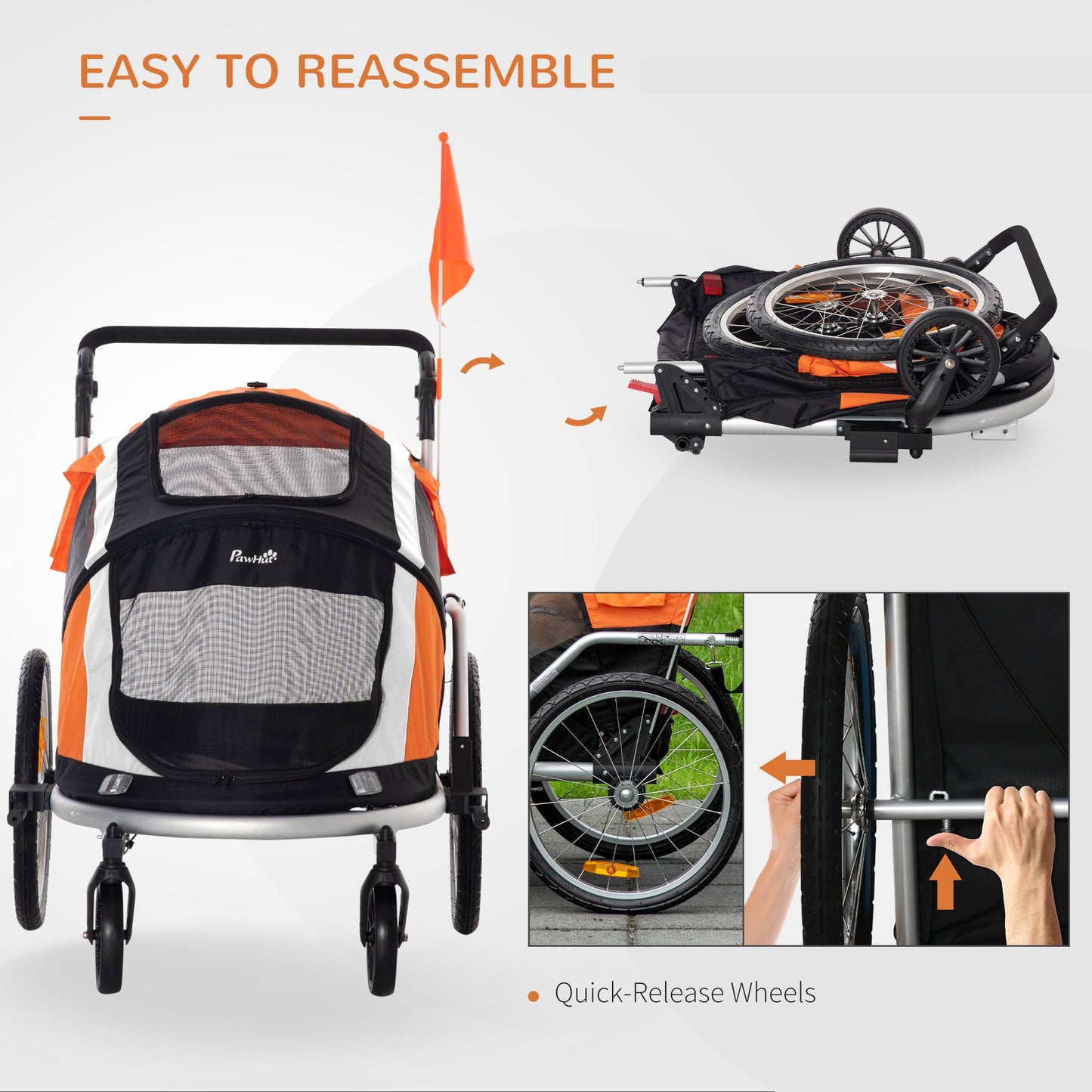 PawHut Dog Bike Trailer 2-in-1 Pet Stroller for Large Dogs Cart Foldable Bicycle Carrier Aluminium Frame with Safety Leash Hitch Coupler Reflector Flag Orange