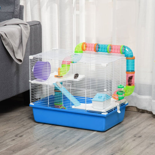 PawHut Hamster Cage with Tubes Tunnel 3 Level Rodent House with Exercise Wheel