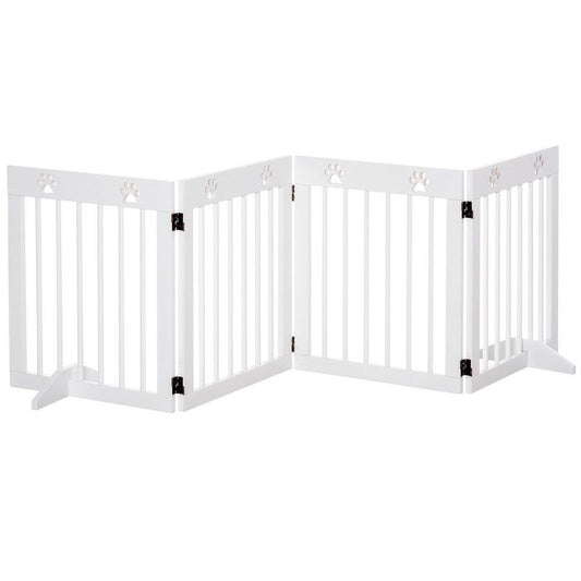 Pawhut Freestanding Pet Gate 4 Panel Wooden Dog Barrier Folding Safety Fence With Support Feet Up To 204cm Long 61cm Tall For Doorway Stairs White