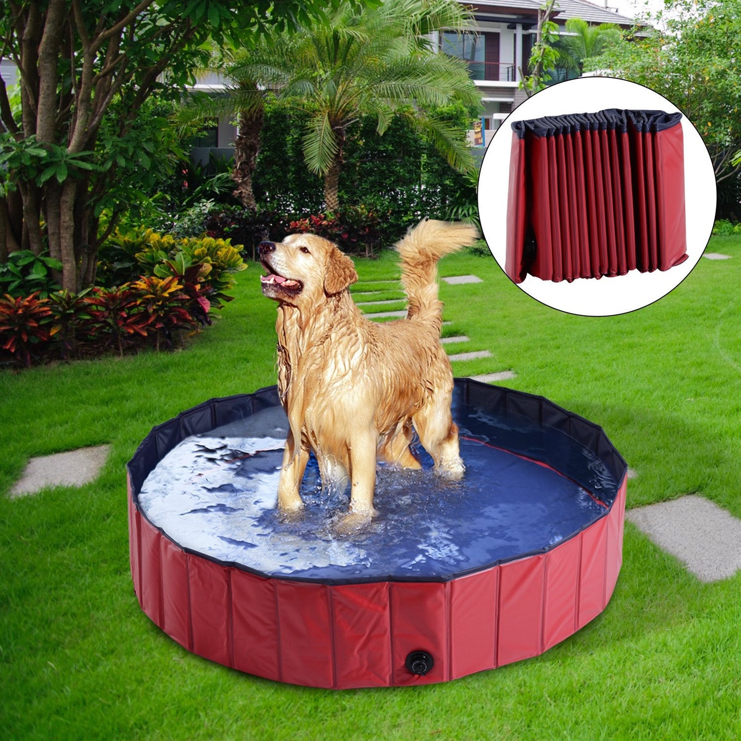 PawHut Foldable Dog Paddling Pool Pet Cat Swimming Pool Indoor/Outdoor Collapsible Summer Bathing Tub Shower Tub Puppy Washer ?140 x 30H cm