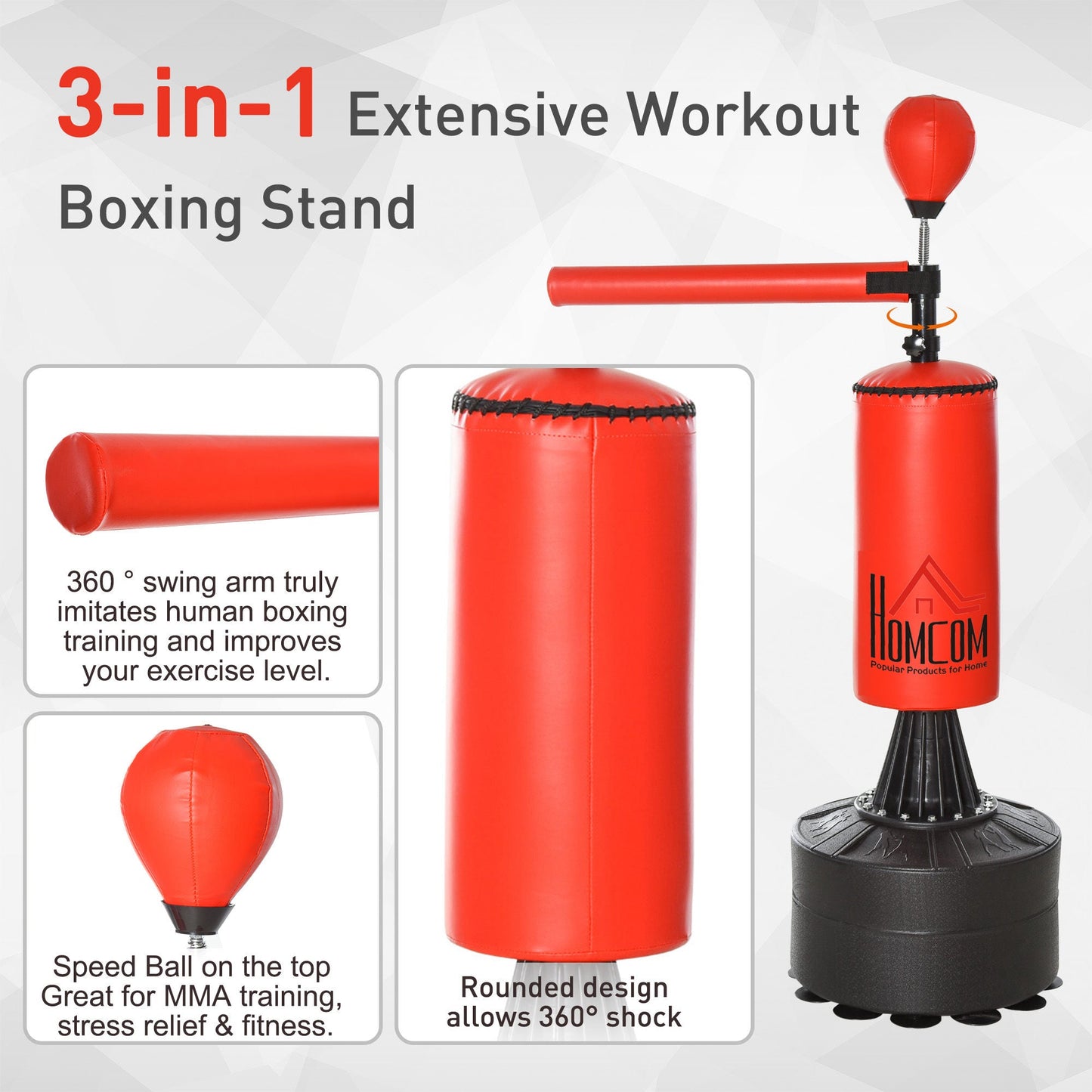 155-205cm 3-IN-1 Freestanding Boxing Punch Bag Stand with Rotating Flexible Arm