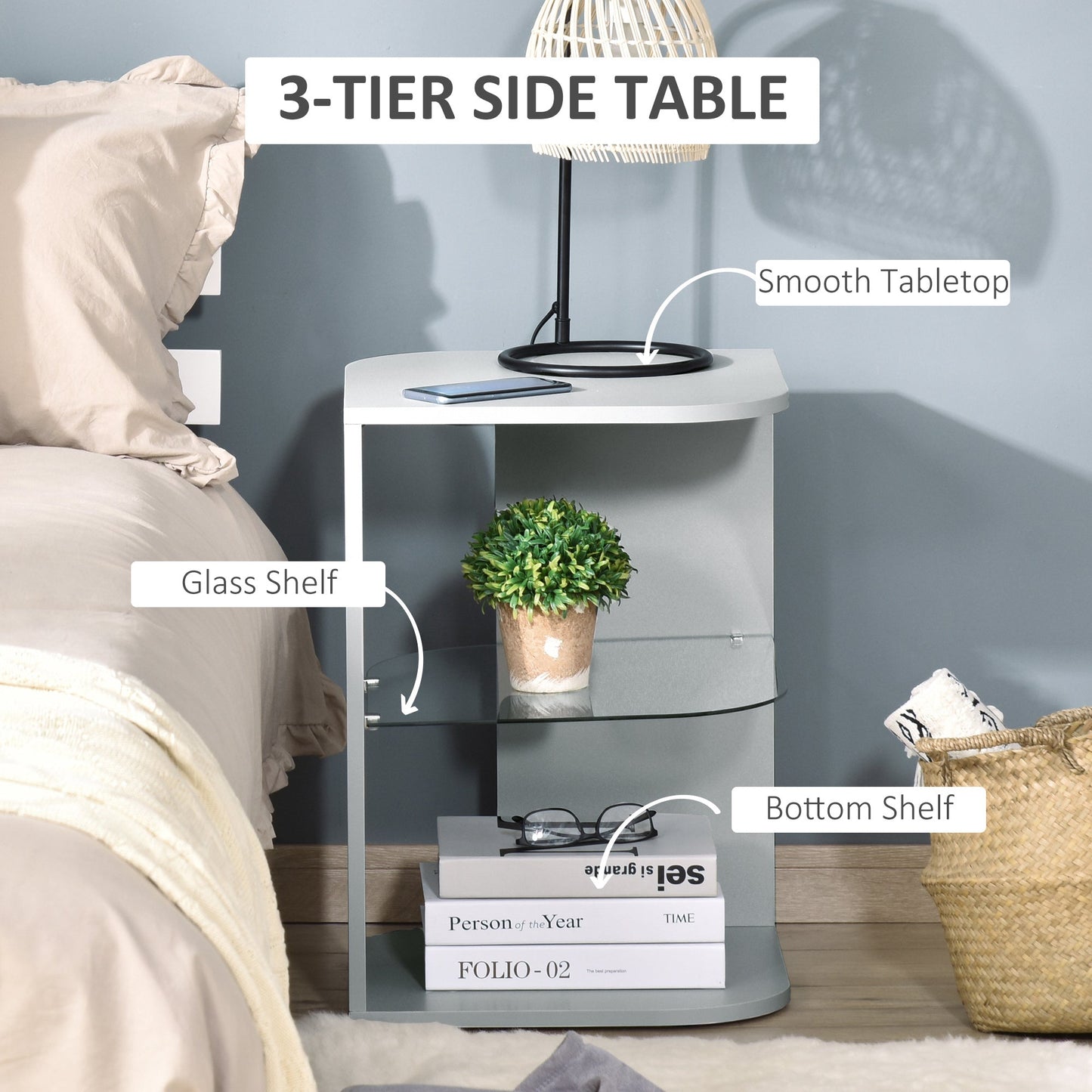 Modern Side Table Three Layer Bedside Table Nightstand with 2 Storage Shelves