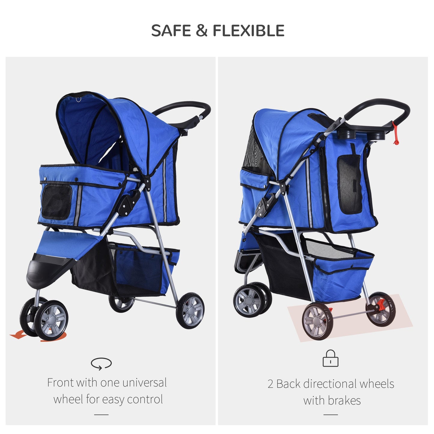 PawHut Pet Travel Stroller Cat Dog Pushchair Trolley Puppy Jogger Carrier Three Wheels for Small Miniature DogsBlue