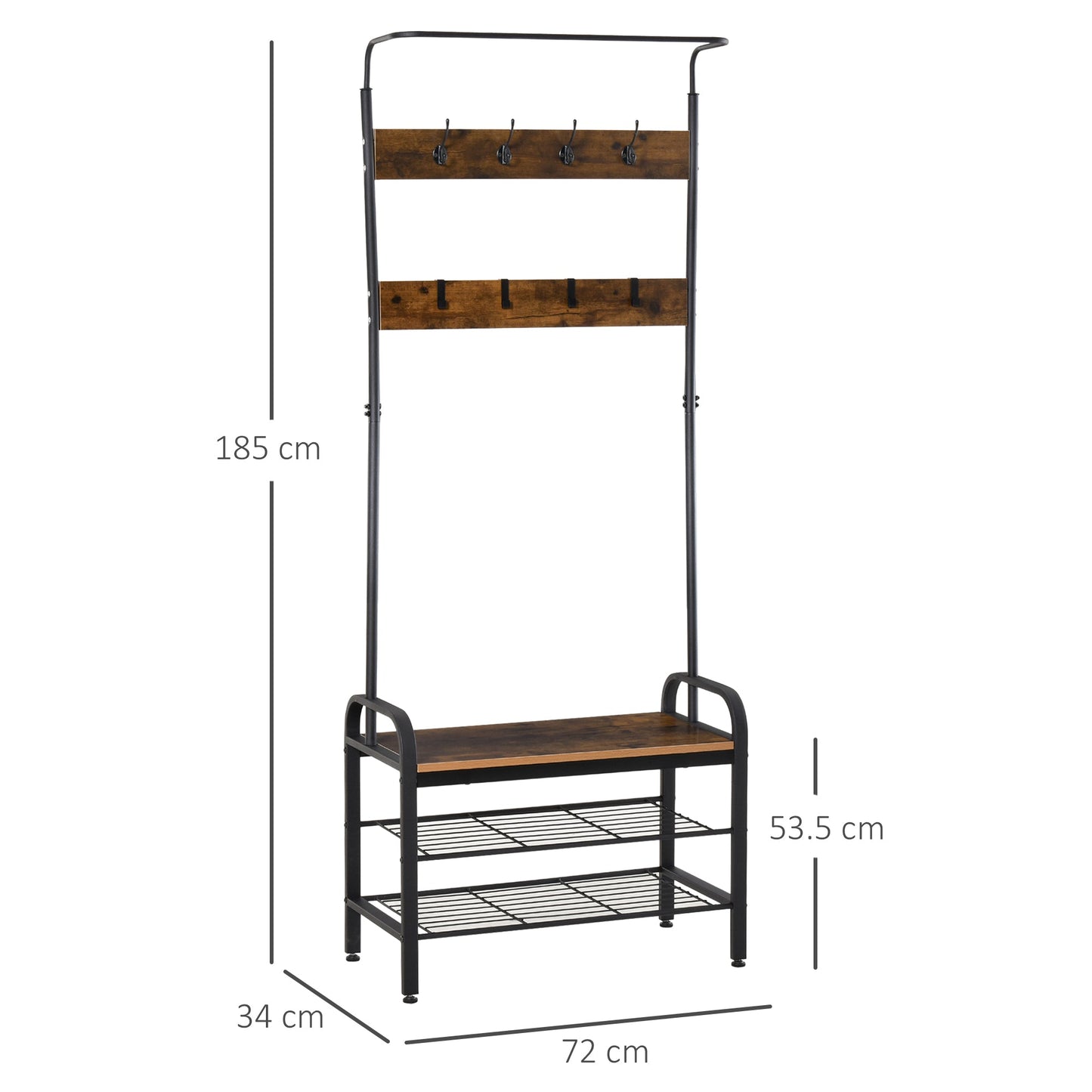 Coat Rack Stand Industrial hallway Shoe Rack Removable Hooks Metal Wood Hangers Storage Cabinet Rustic Brown 72L×34W×185Hcm