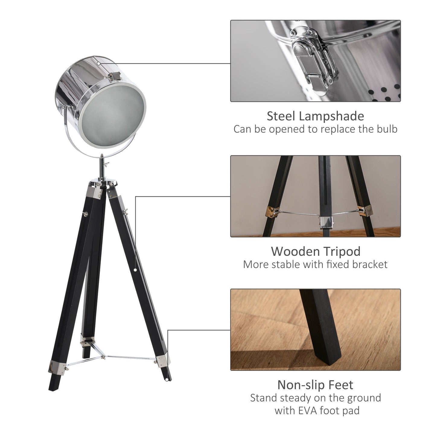 Homcom Industrial Style Adjustable Tripod Floor Lamp Searchlight Reading Lamp