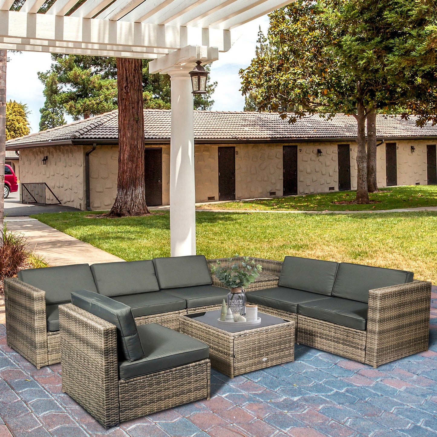 8-Piece Rattan Garden Furniture Patio Sofa and Table Set with Cushions 6 Seater Corner Outdoor Wicker Seat with Storage