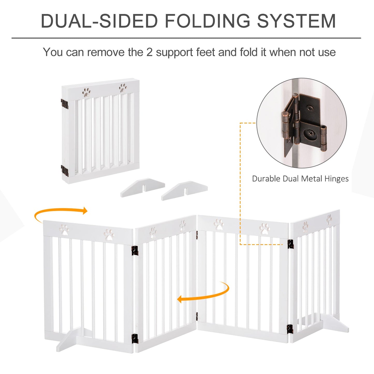 Pawhut Freestanding Pet Gate 4 Panel Wooden Dog Barrier Folding Safety Fence With Support Feet Up To 204cm Long 61cm Tall For Doorway Stairs White