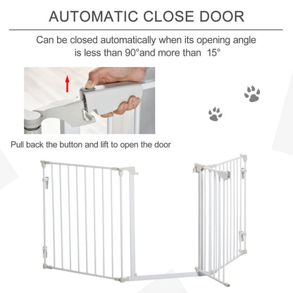 PawHut Pet Safety Gate 3-Panel Playpen Fireplace Christmas Tree Metal Fence Stair Barrier Room Divider with Walk Through Door Automatically Close Lock White