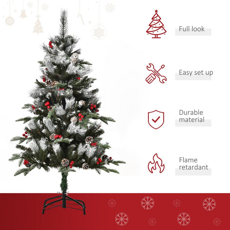 4FT Artificial Snow Dipped Christmas Tree Xmas Pencil Tree with Foldable Feet Red Berries White Pinecones