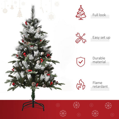 4FT Artificial Snow Dipped Christmas Tree Xmas Pencil Tree with Foldable Feet Red Berries White Pinecones