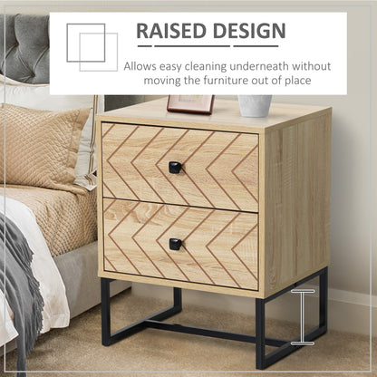 Bedside Table 2 Drawer Unit Zig Zag Design Nightstand w/ Black Metal Handles Melamine Finish