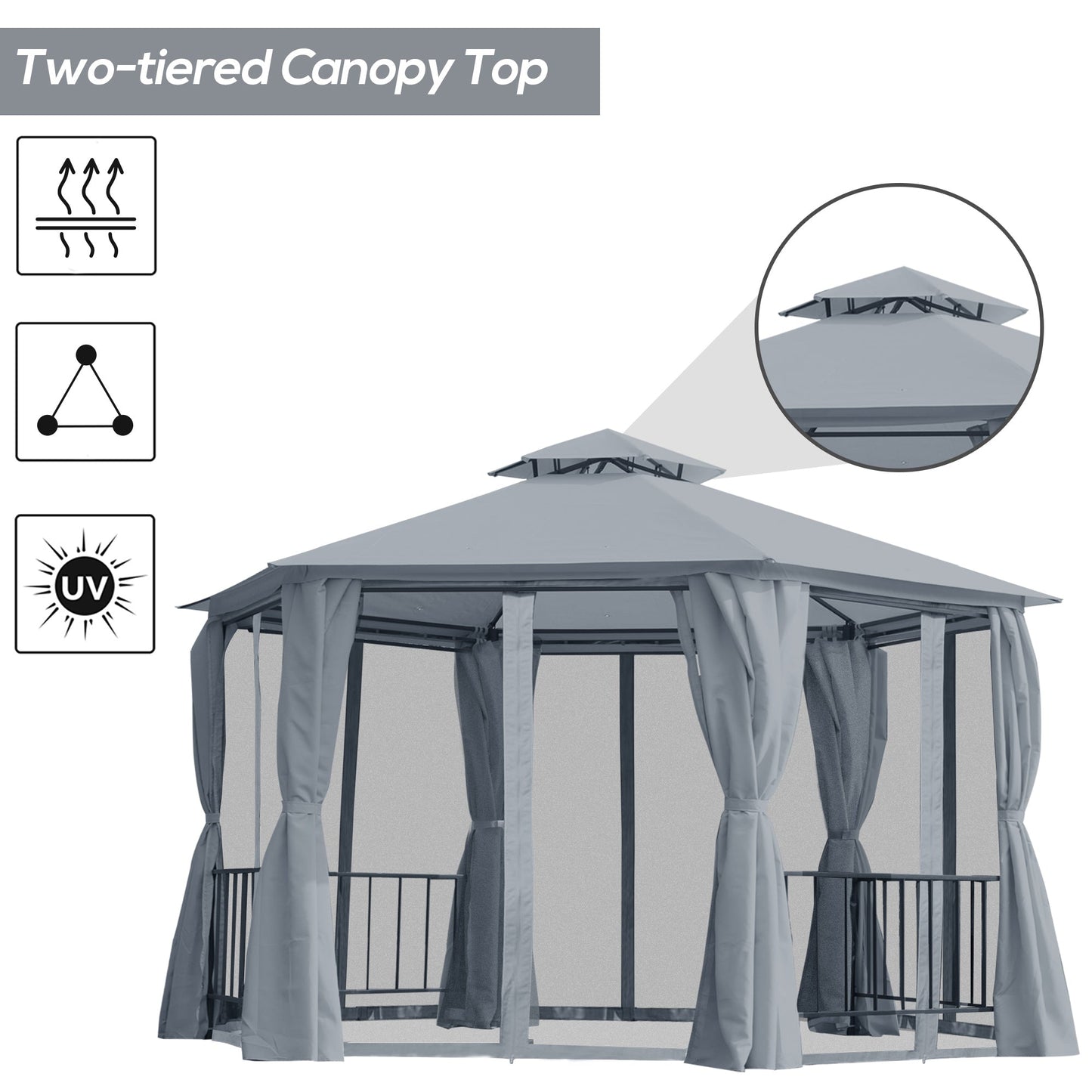 3 x 3M Hexagon Gazebo Patio Canopy Party Tent Outdoor Garden Shelter w/ 2 Tier Roof & Side Panel - Grey