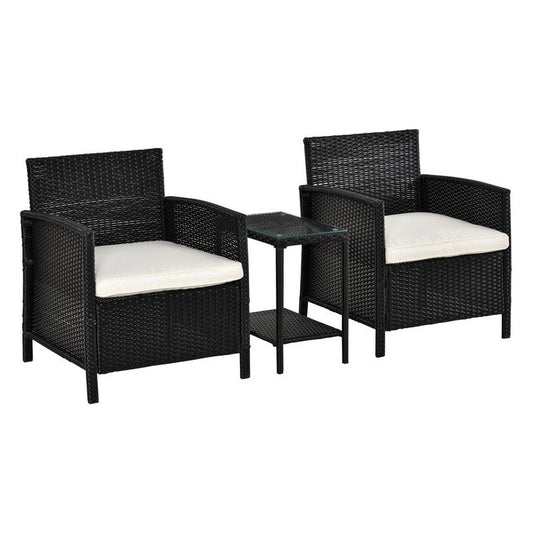 Outsunny 2-Seater Pe Rattan Side Table & Armchair Bistro Set Jack And Jill Seat With Pillows Black