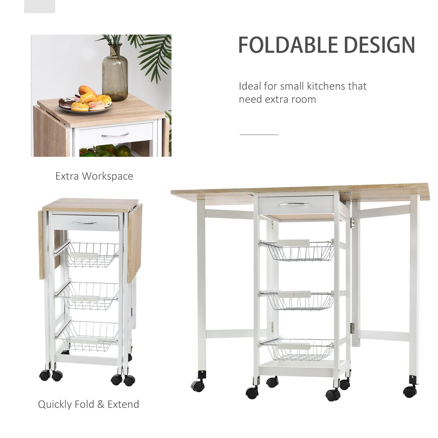 Homcom Drop-Leaf Kitchen Cart Trolley w/ 3 Baskets Drawer Surface Top 6 Universal Wheels Rolling Storage Unit Kitchen Home Dining Island White Oak Tone