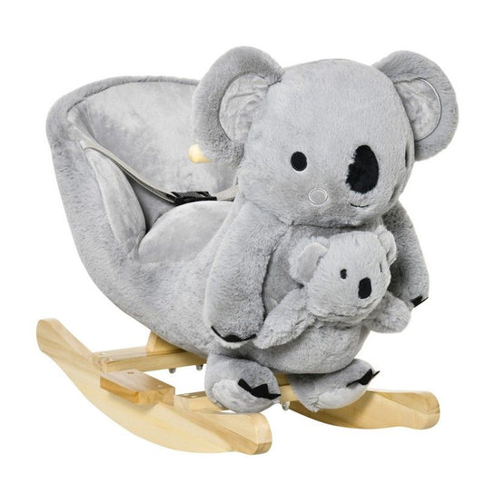 Homcom Kids Plush Ride-On Rocking Horse Koala-Shaped Toy Rocker With Gloved Doll Grey