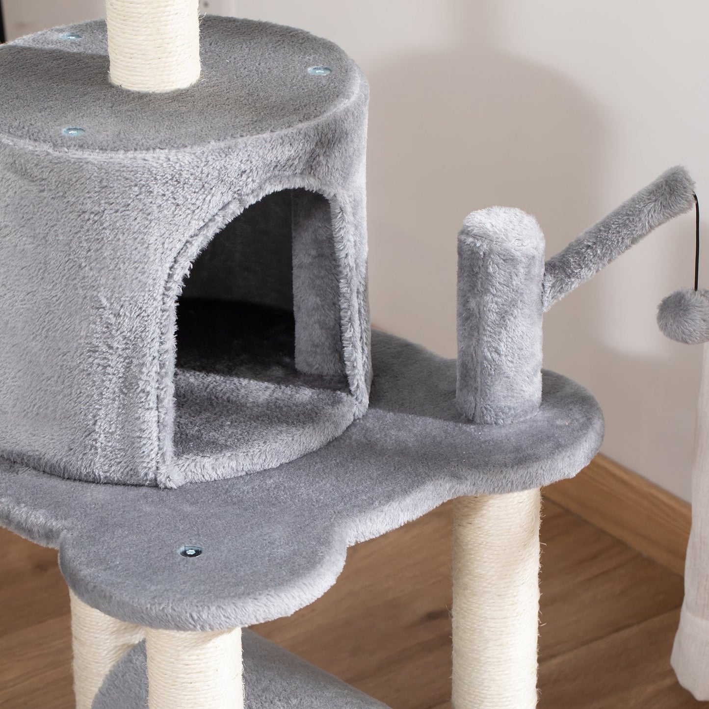 PawHut Cat Tree Tower for Indoor Cats Climbing Activity Center Kitten Furniture with Jute Scratching Post Bed Tunnel Perch Hanging Balls Grey