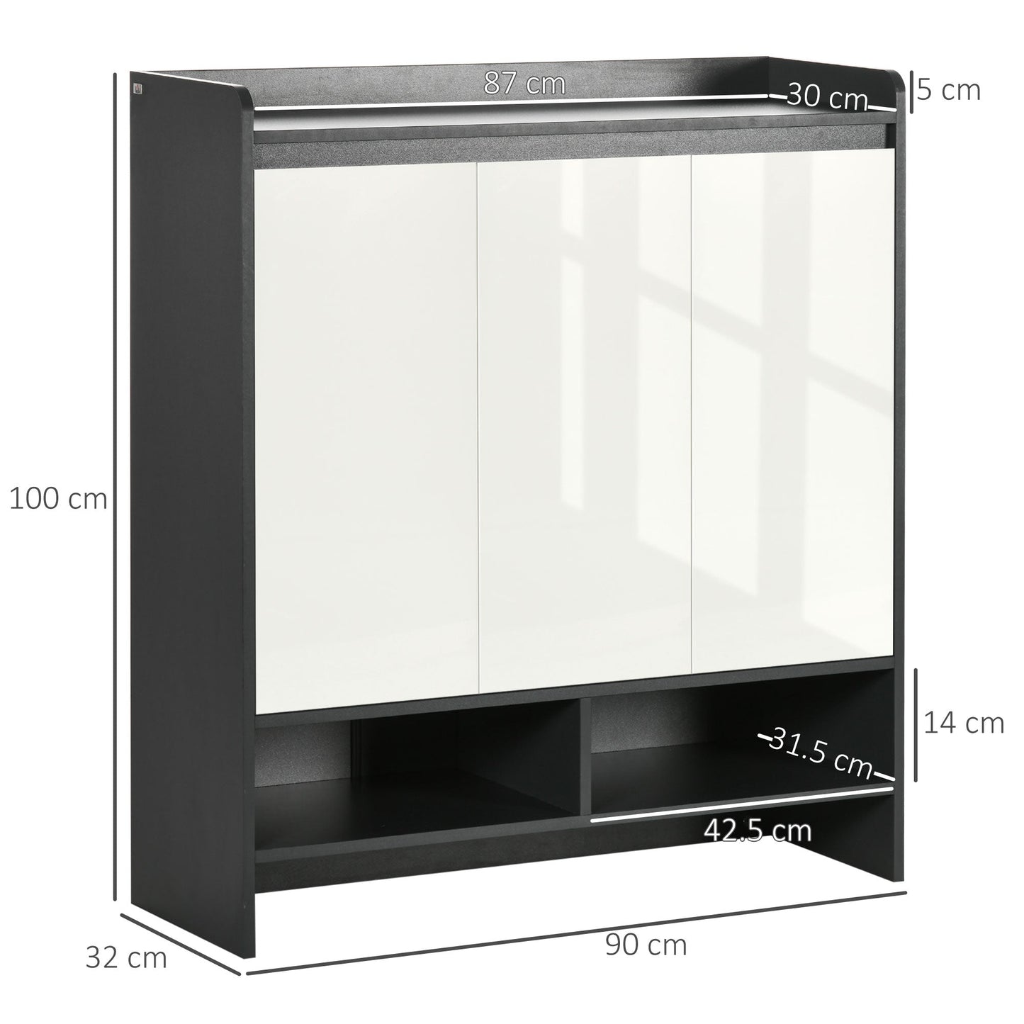 High Gloss Shoe Cabinet with White Doors and Open Shelves