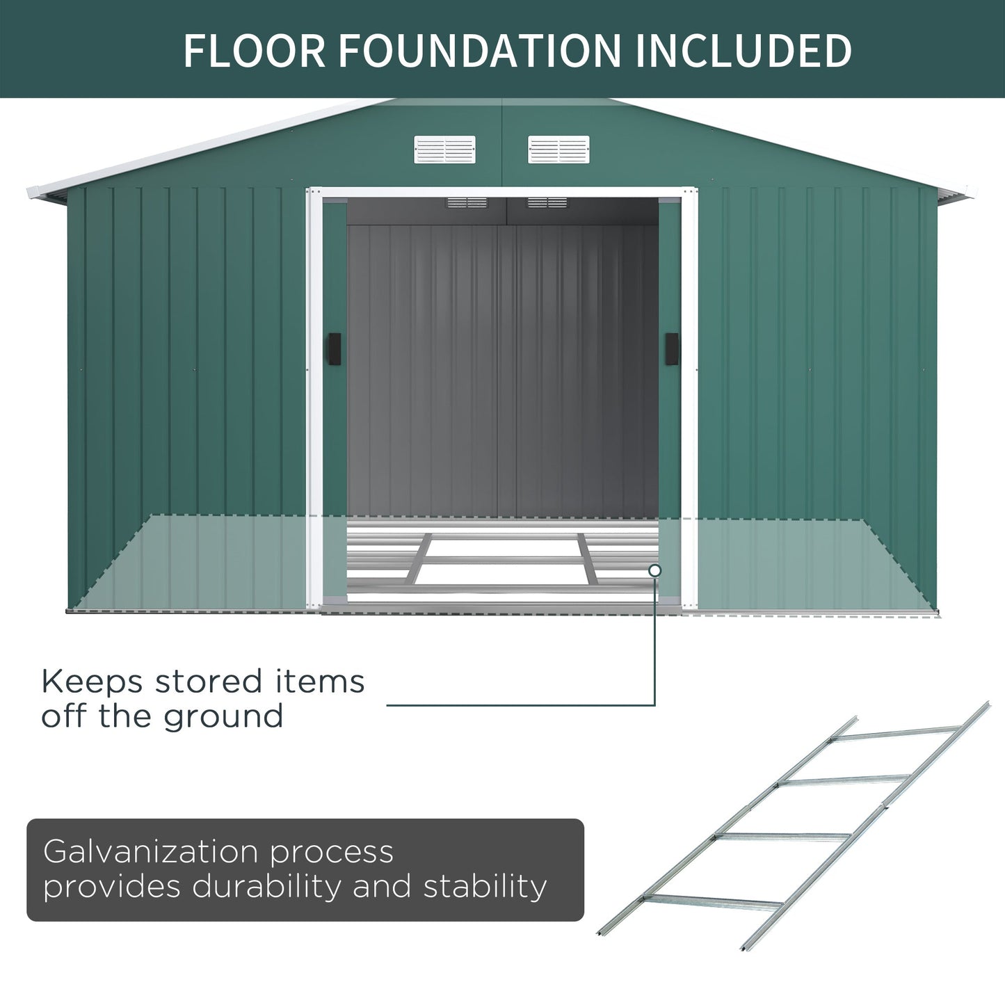 Galvanised 12.5 x 11' Sliding Double Door Apex Garden Shed Steel Green by Steadfast