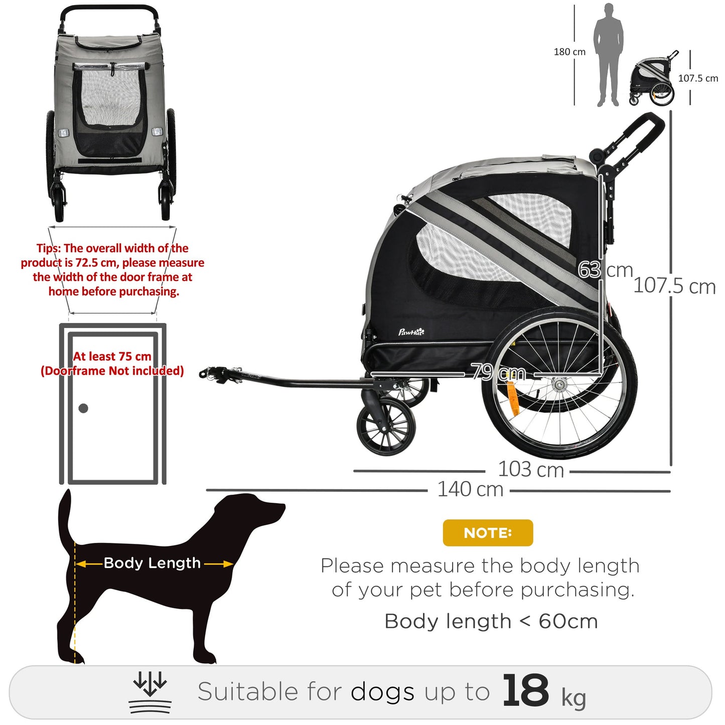 PawHut 2-In-1 Pet Bike Trailer Dog Stroller Pushchair with Universal Wheel Reflector Flag Grey