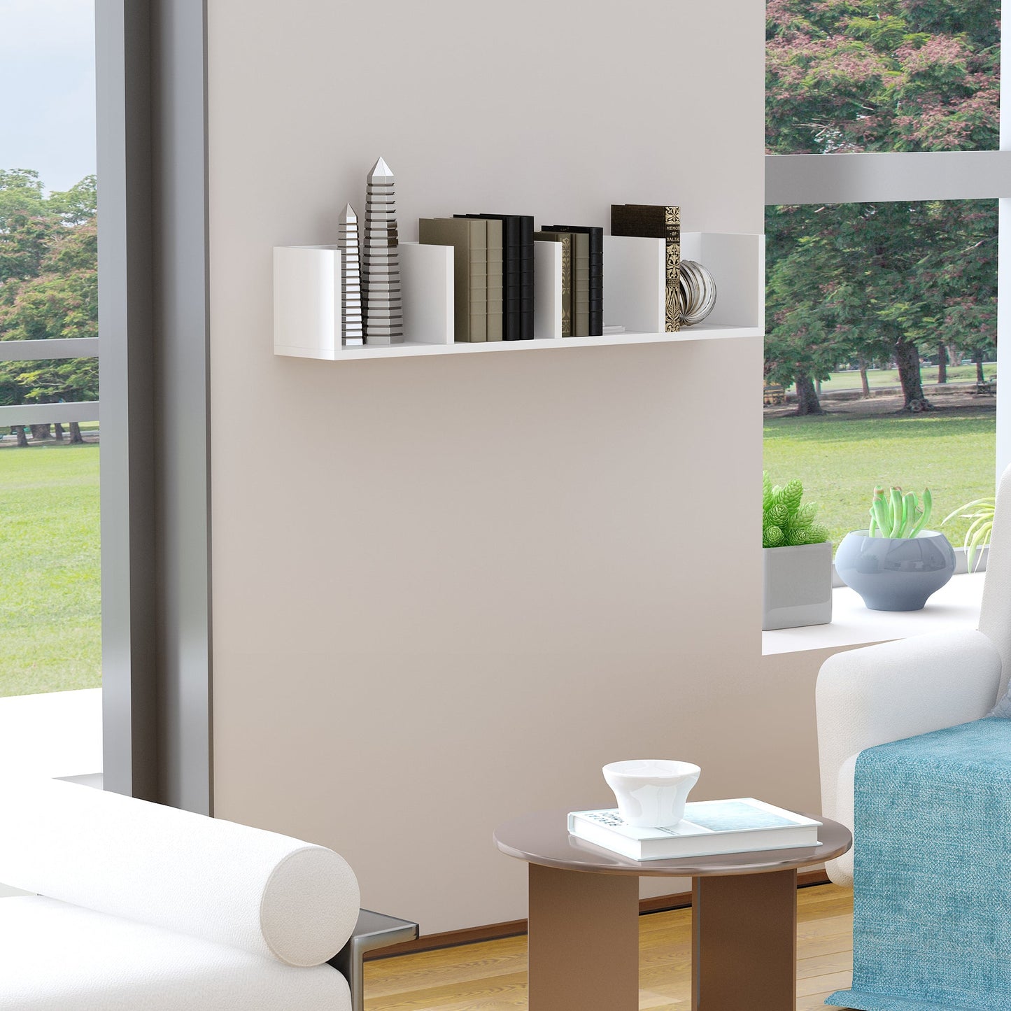 Homcom 95cm Four-Compartment Wall Shelf - White