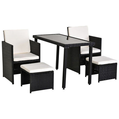 Outsunny 5 Pcs Rattan Garden Furniture Space-Saving Wicker Weave Sofa Set Conservatory Dining Table  Chair Footrest Cushioned Black