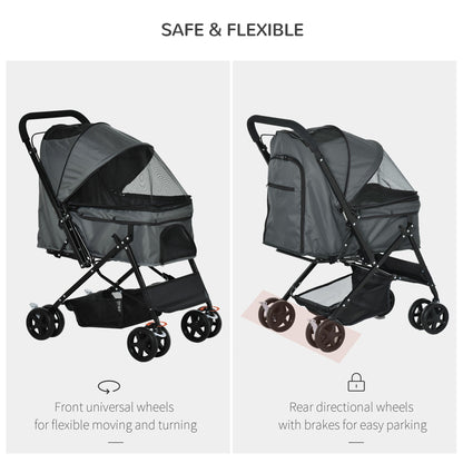 Pawhut Pet Stroller Pushchair Foldable Travel Dog Cat Carriage With Reversible Handle Brake Basket