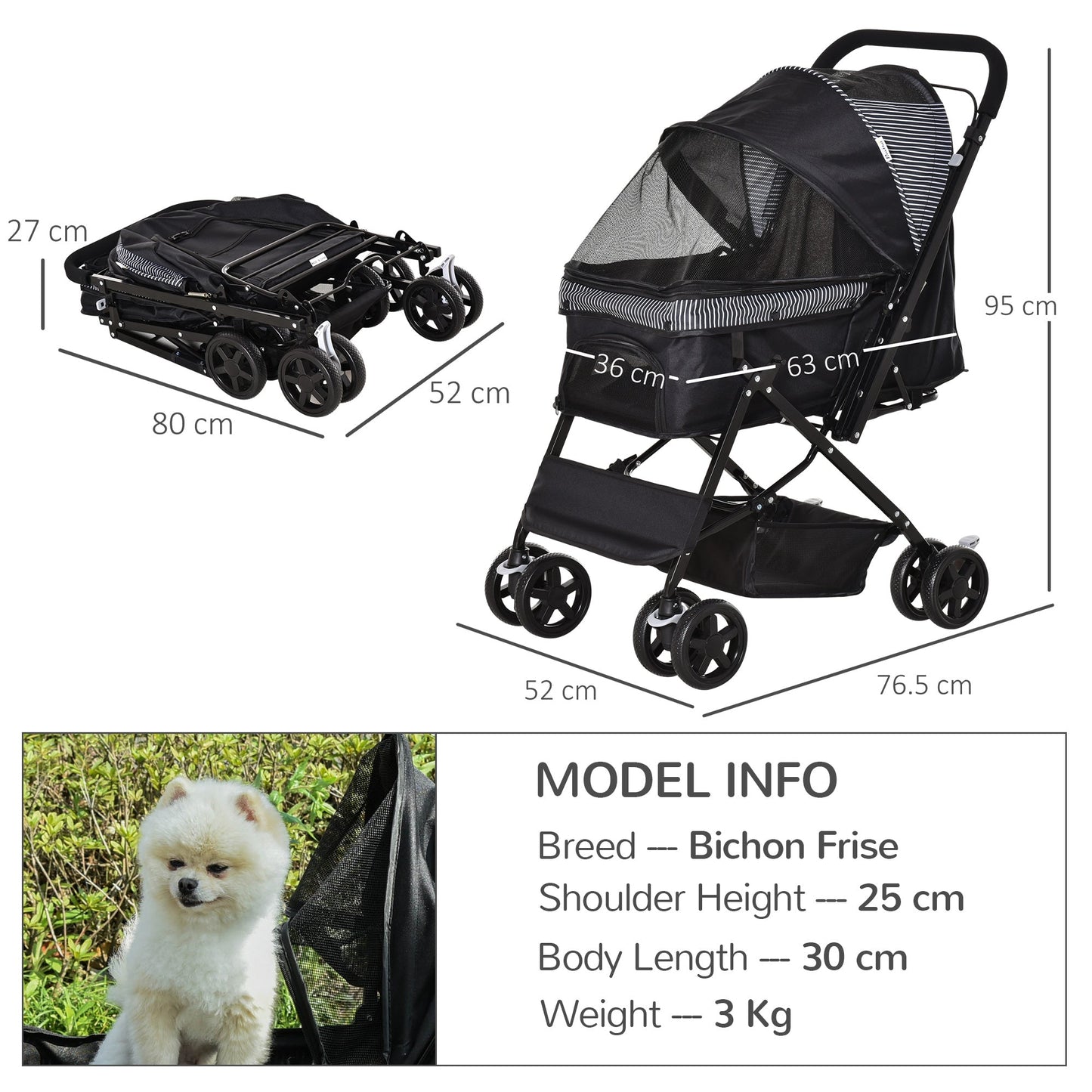 PawHut Pet Stroller Pushchair Foldable Travel Dog Cat Carriage w/ Reversible Handle Brake Basket