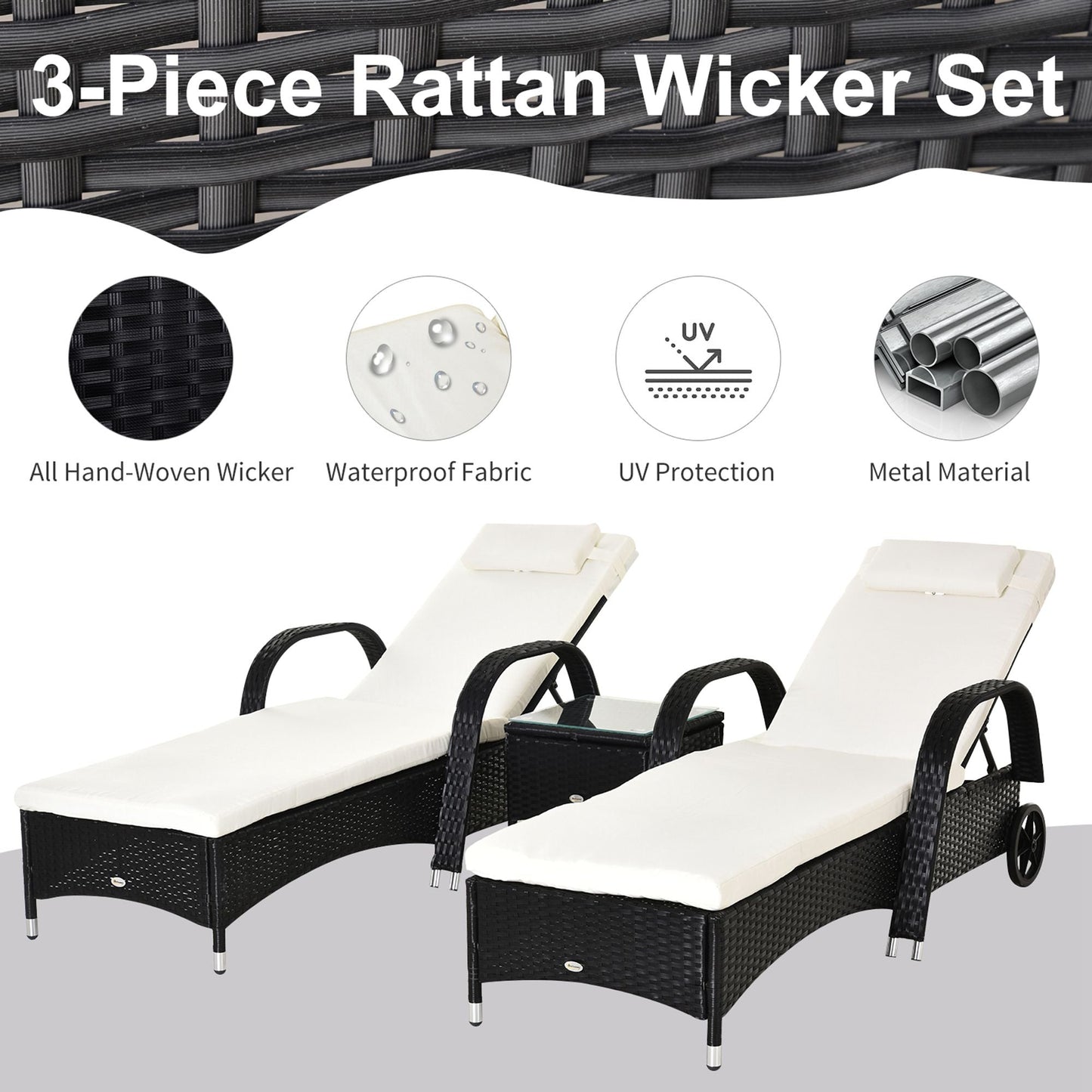 Outsunny 2 Seater Rattan Sun Lounger Set With Side Table Black