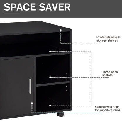 Multi-Storage Printer Stand Unit Office Desk Side Mobile Storage w/ Wheels Modern Style 60L x 50W x 65.5H cm - Black