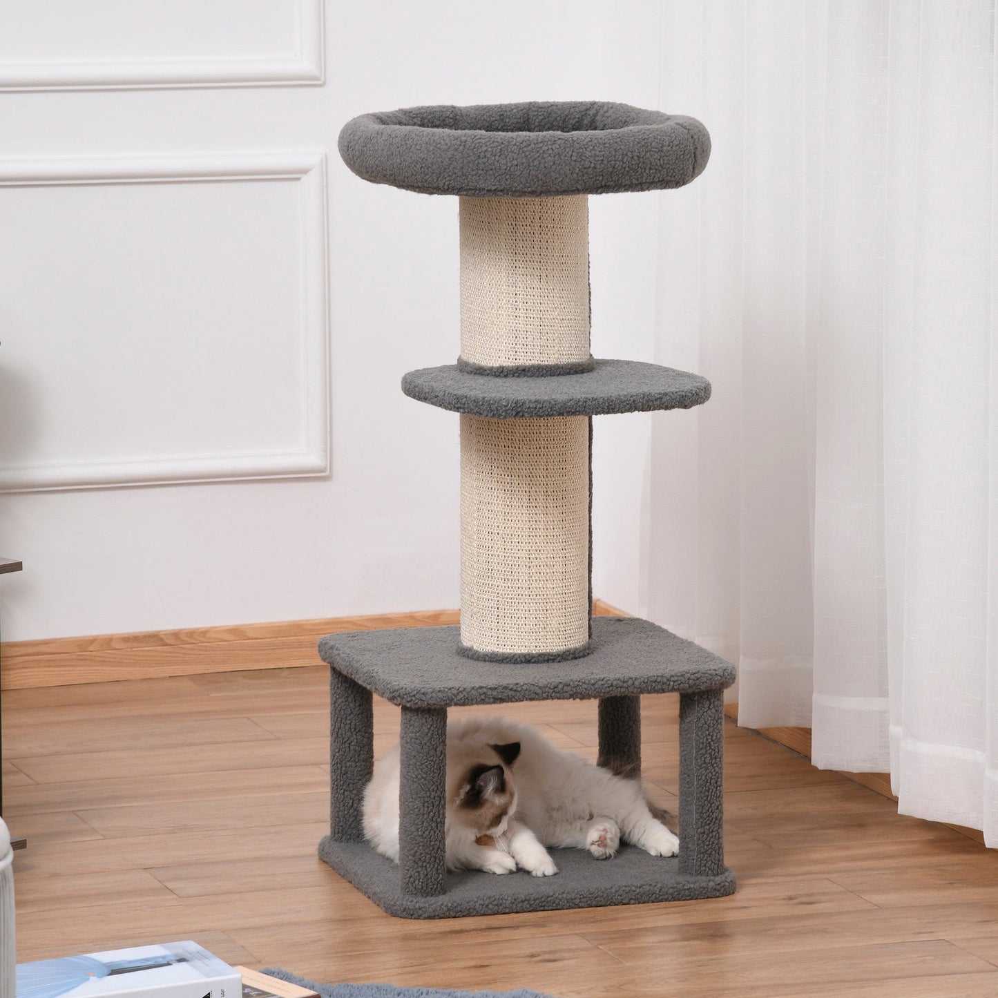 PawHut 96cm Cat Tree for Indoor Cats Kitten Tower Multi level Activity Center Pet Furniture with Sisal Scratching Post Condo Removable Cover Grey