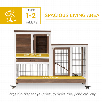 PawHut Wooden Indoor Rabbit Hutch Guinea Pig House Bunny Small Animal Cage W/ Wheels Enclosed Run 110 x 50 x 86 cm