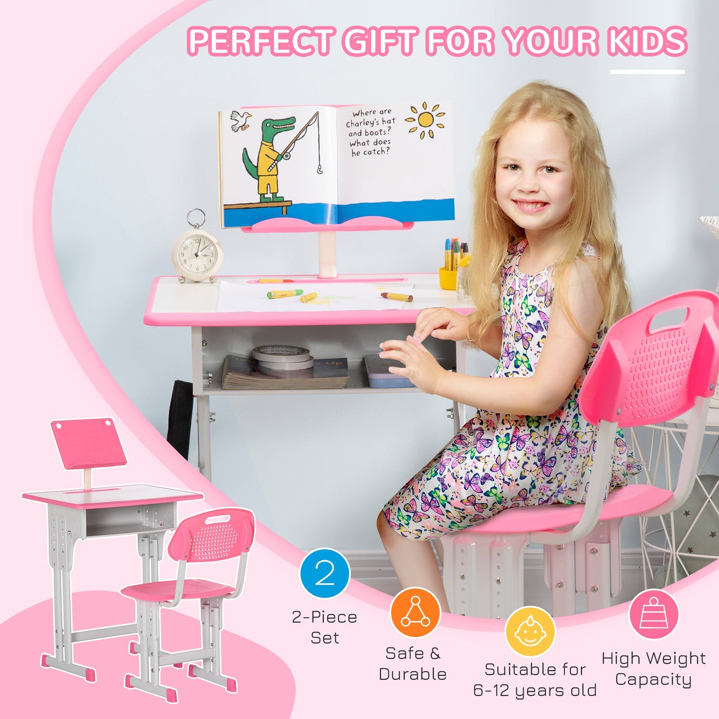 Homcom Kids Adjustable Desk And Chair Set Book Stand Pen Slot - Pink