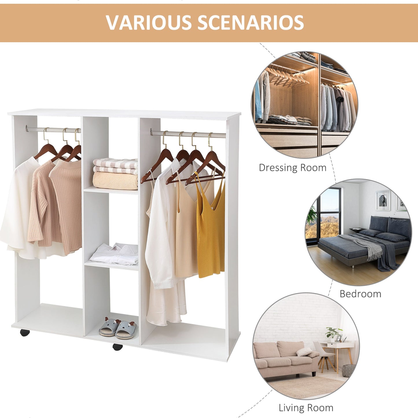 Open Wardrobe Double Mobile Storage Shelves Organizer W/6 Wheels-White