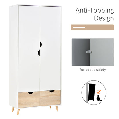 2-Door Clothes Wardrobe w/ Rail Shelf 2 Drawers Wood Feet Elegant Home Storage Organisation Furniture Dresses Coats Blankets Shoes White