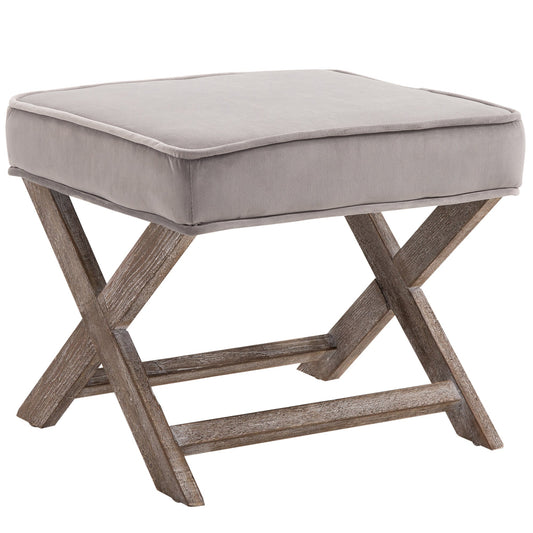 Homcom Vintage Footstool Padded Seat X Leg Chair Velvet Cover Shabby Chic Footrest Solid Rubber Wood 49.5 x 45 x 41 cm Grey