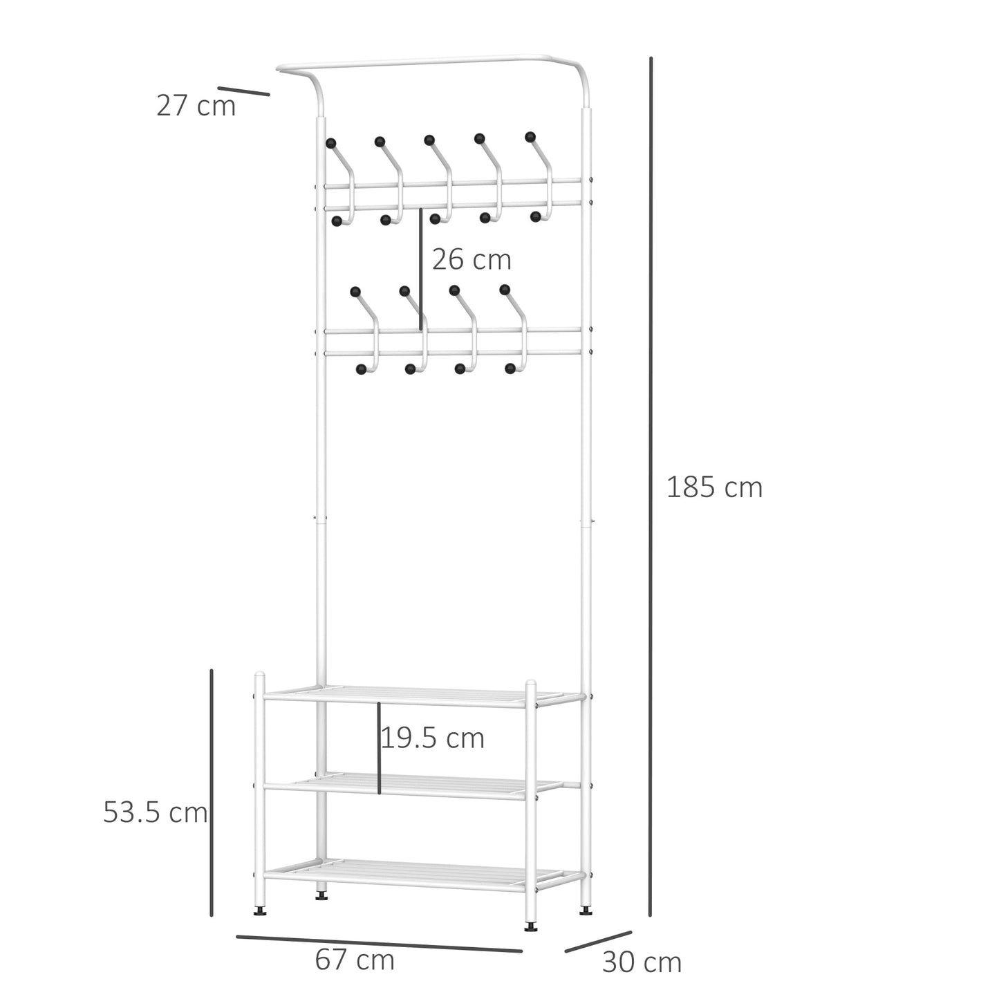 18 Hook Metal Frame Hallway Coat Hanger w/ 3-Tier Shoe Storage White