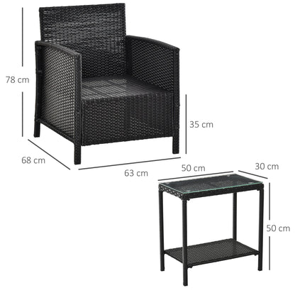 Outsunny 2-Seater Pe Rattan Side Table & Armchair Bistro Set Jack And Jill Seat With Pillows Black