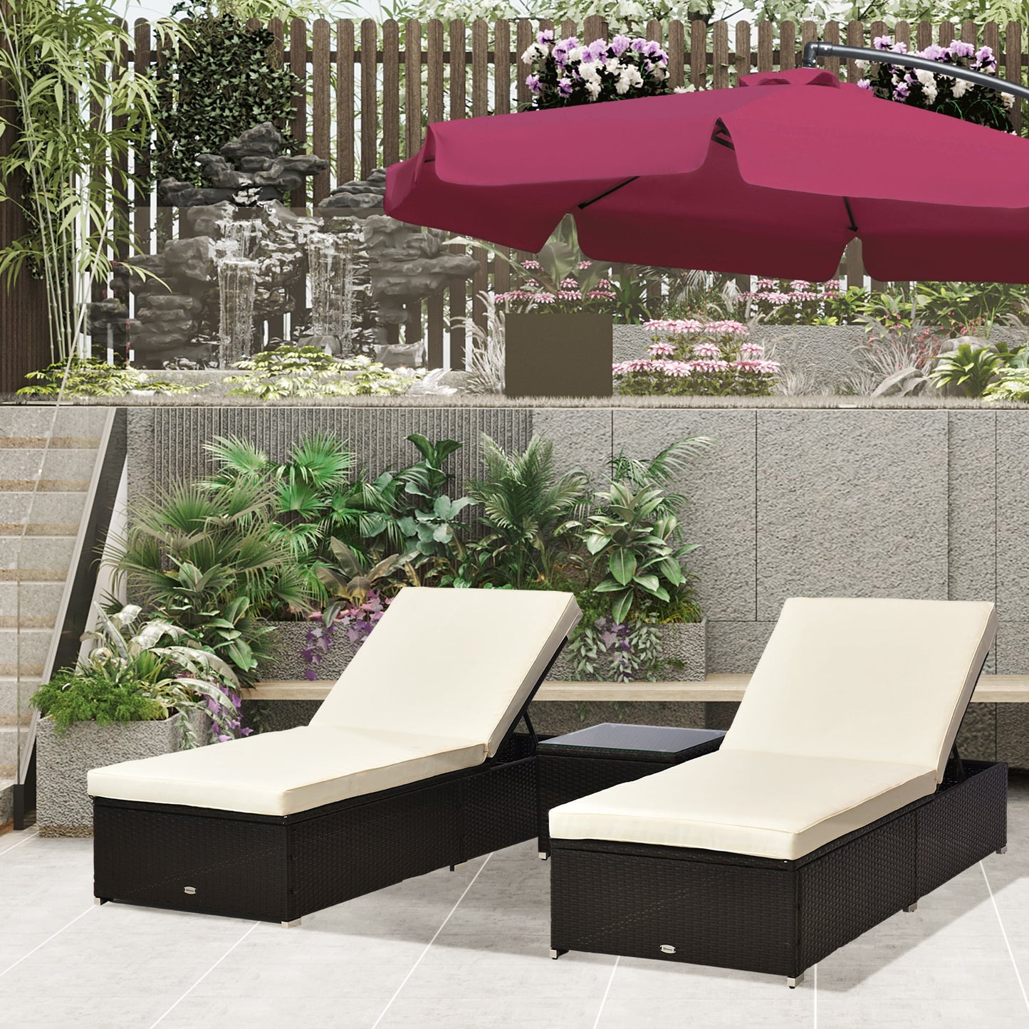 2 Seater Rattan Lounger Set-Deep Coffee/Cream White