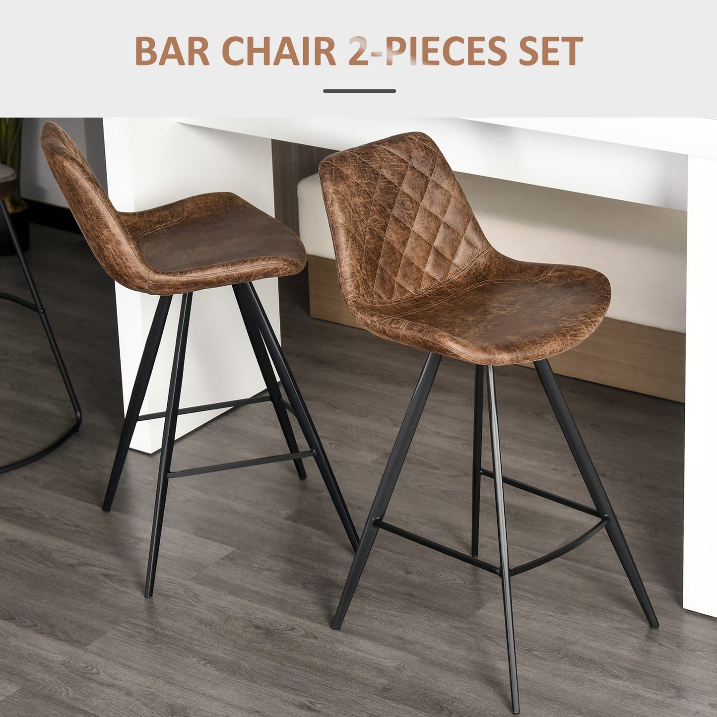 Set Of 2 Bar Stools Vintage Microfiber Cloth Tub Seat Padded Comfortable Steel Frame Footrest Quilted Home Bar Cafe Kitchen Chair Stylish Brown