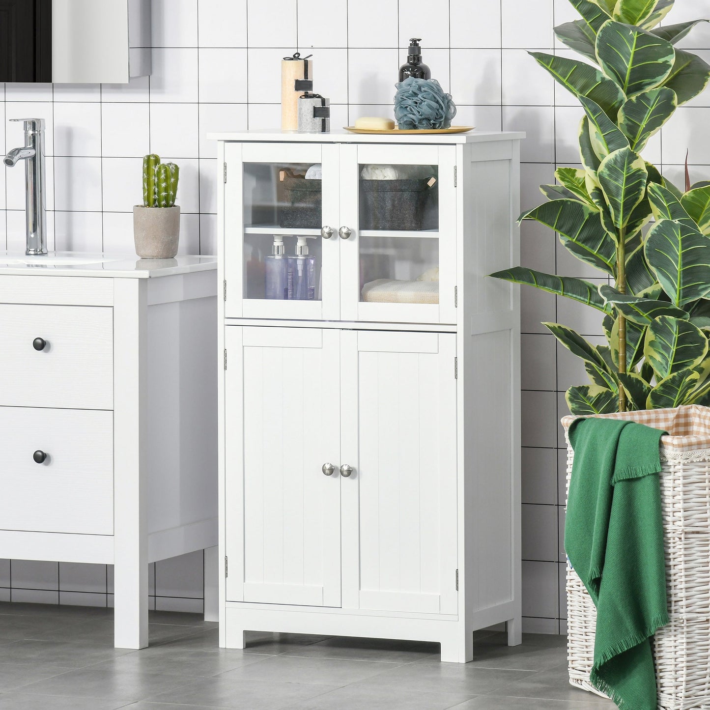 kleankin Bathroom Floor Storage Cabinet with Tempered Glass Doors and Adjustable Shelf