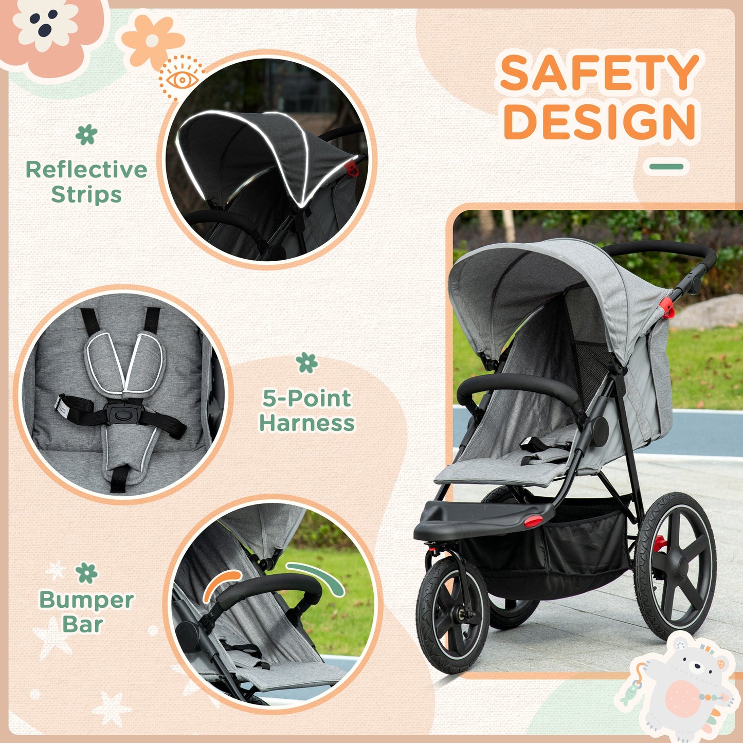 Foldable Three-Wheeler Baby Stroller w/ Canopy