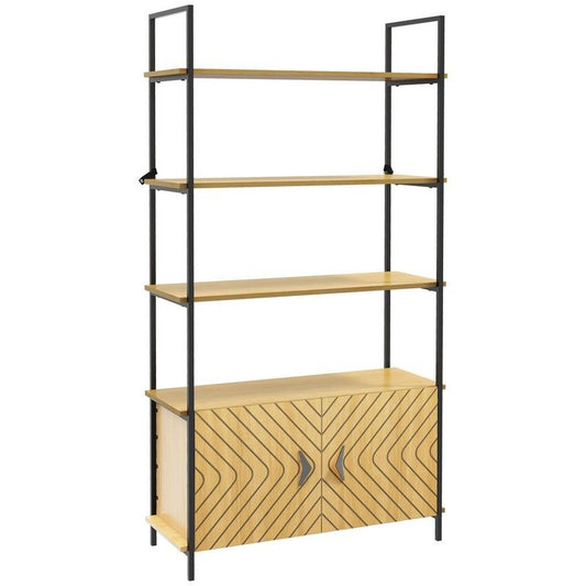 Bookcase 4-Tier Storage Shelf With Double Door Cabinet And Metal Frame For Living Room Bedroom Oak Tone